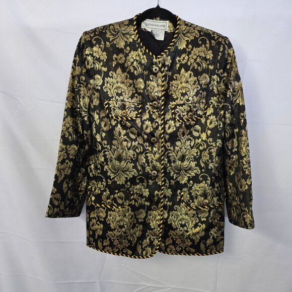 Evan-Picone Womens Luxury Brocade Blazer Jacket Gold & Black Size 10 - Picture 2 of 12